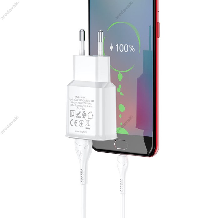 Мережевий зарядний пристрій HOCO C88A Star round dual port charger Type-C cable 12W White