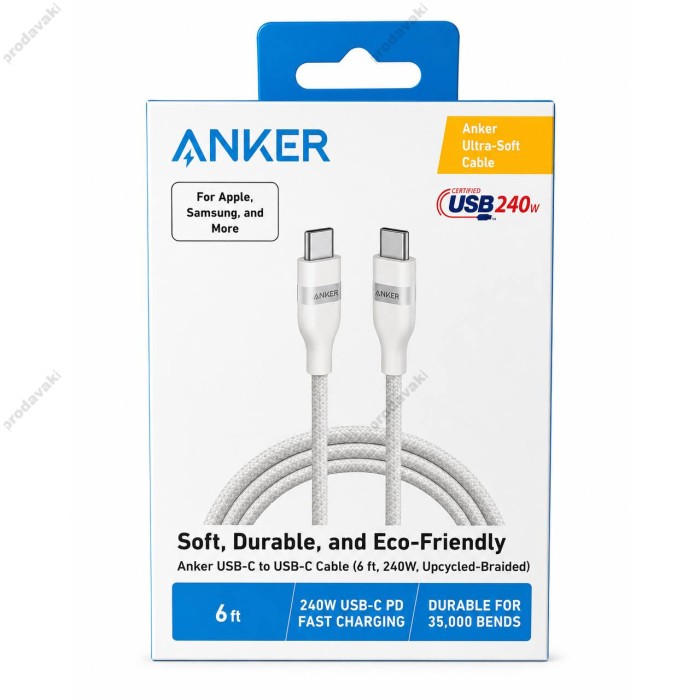 Кабель Anker A82E2612 Ultra Soft Cable Type-C to Type-C 240W 5A 1.8m White