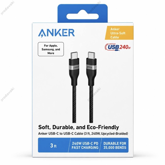 Кабель Anker A82E2611 Ultra Soft Cable Type-C to Type-C 240W 5A 0.9m Black