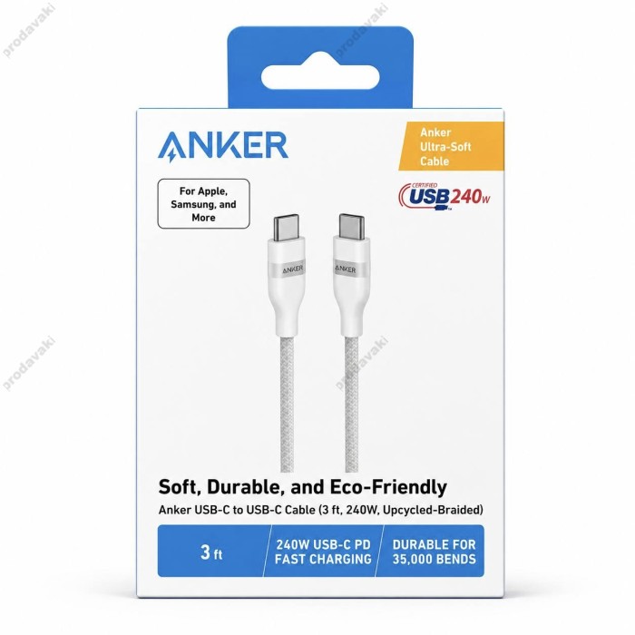 Кабель Anker A82E2611 Ultra Soft Cable Type-C to Type-C 240W 5A 0.9m White