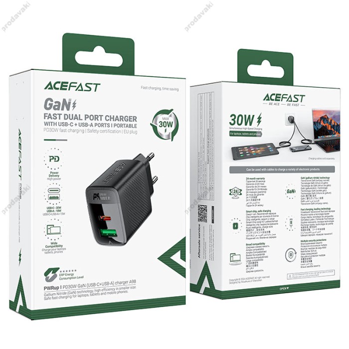 Мережевий зарядний пристрій ACEFAST A98 GaN Fast Charge Wall Charge 30W Black