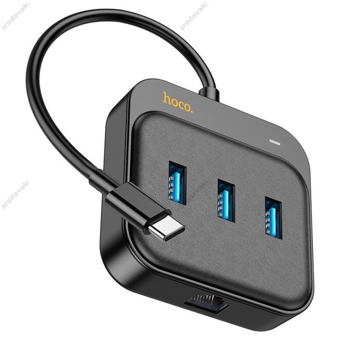 USB-Хаб Hoco HB35 Easy link 4в1 Type-C to 3xUSB 3.0+RJ45 Black