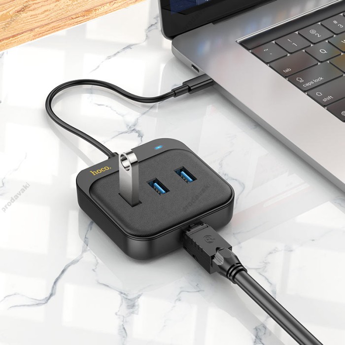 USB-Хаб Hoco HB35 Easy link 4в1 Type-C to 3xUSB 3.0+RJ45 Black