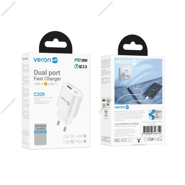 Мережевий зарядний пристрій Veron C209 Home charger 20W White
