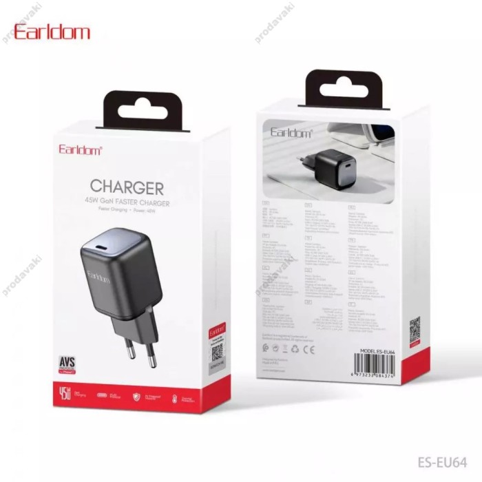 Мережевий зарядний пристрій Earldom ES-EU64 GaN PD charger 45W Black
