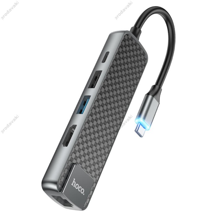 USB-Хаб Hoco HB23 Easy view Type-C to HDMI+USB3.0+USB2.0+PJ45+PD Metal grey