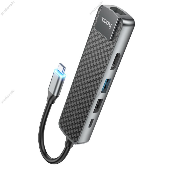 USB-Хаб Hoco HB23 Easy view Type-C to HDMI+USB3.0+USB2.0+PJ45+PD Metal grey