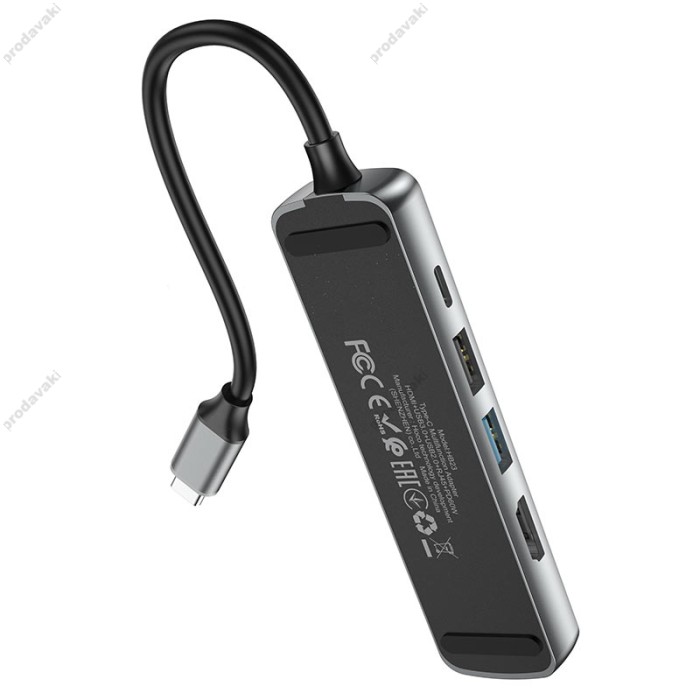 USB-Хаб Hoco HB23 Easy view Type-C to HDMI+USB3.0+USB2.0+PJ45+PD Metal grey