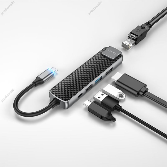 USB-Хаб Hoco HB23 Easy view Type-C to HDMI+USB3.0+USB2.0+PJ45+PD Metal grey