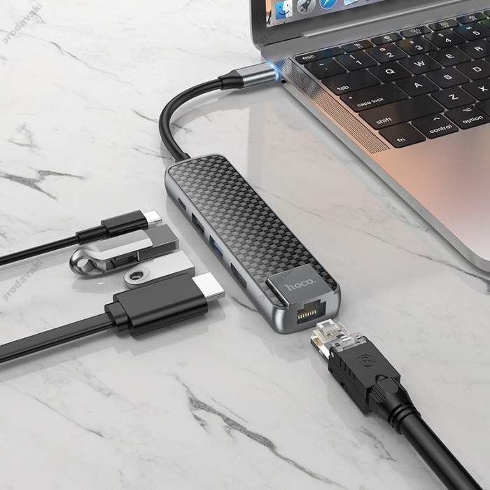 USB-Хаб Hoco HB23 Easy view Type-C to HDMI+USB3.0+USB2.0+PJ45+PD Metal grey