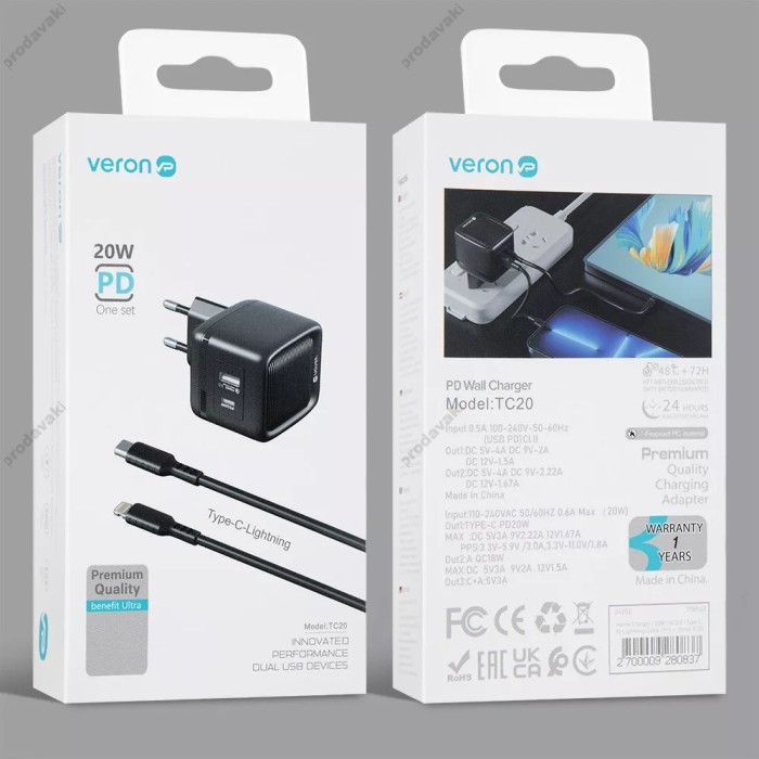 Мережевий зарядний пристрій Veron TC20 PD charger Type-C cable 20W Black