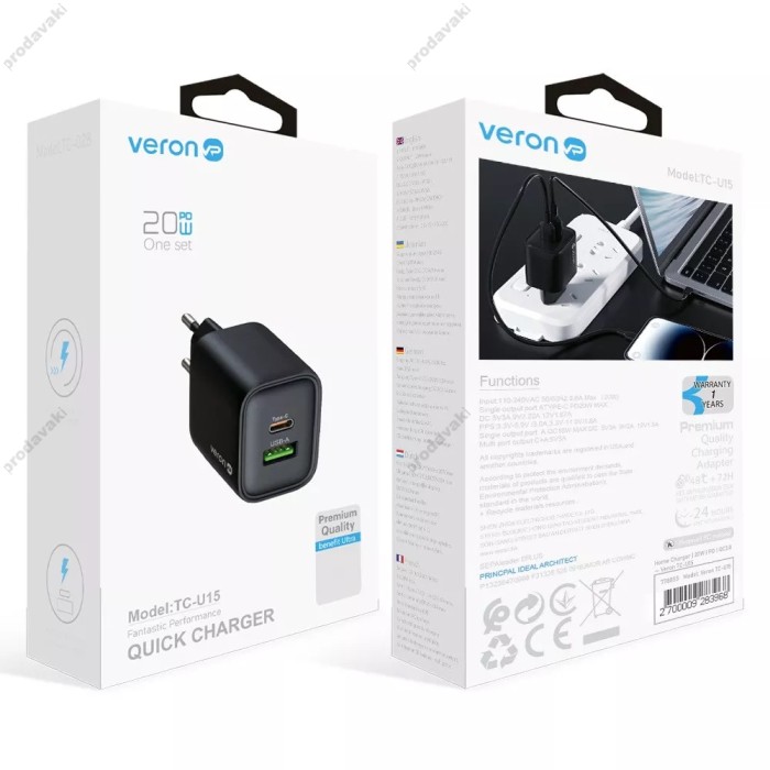 Мережевий зарядний пристрій Veron TC-U15 PD charger 20W Black