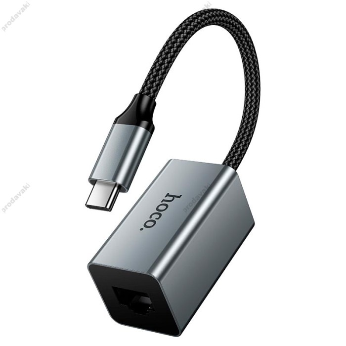Мережевий адаптер Hoco UA48 ethernet adapter Type-C to RJ45 100 Mbps 0.15m Metal-Grey