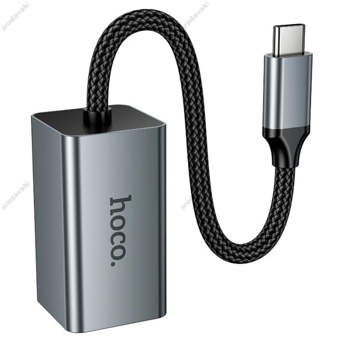 Мережевий адаптер Hoco UA48 ethernet adapter Type-C to RJ45 100 Mbps 0.15m Metal-Grey
