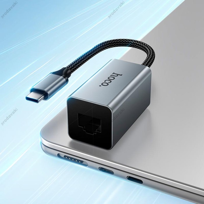 Мережевий адаптер Hoco UA48 ethernet adapter Type-C to RJ45 100 Mbps 0.15m Metal-Grey