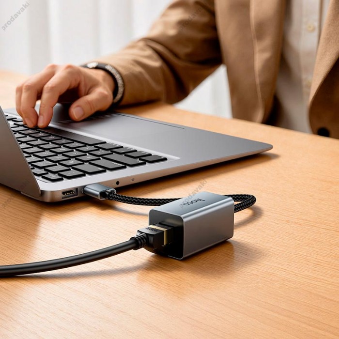 Мережевий адаптер Hoco UA48 ethernet adapter USB to RJ45 100 Mbps 0.15m Metal-Grey