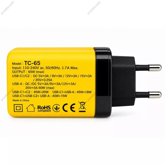Мережевий зарядний пристрій Veron TC-65 GaN Digital display 65W Yellow