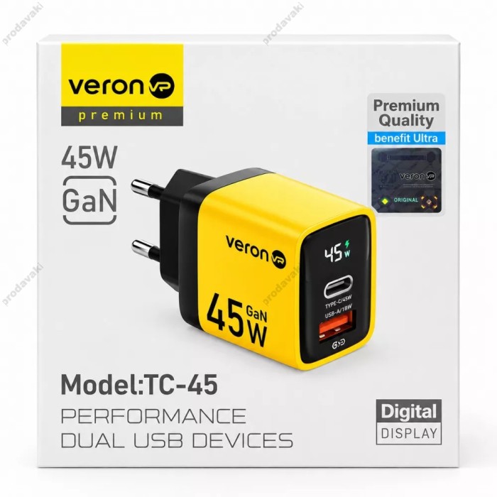 Мережевий зарядний пристрій Veron TC-65 GaN Digital display 65W Yellow