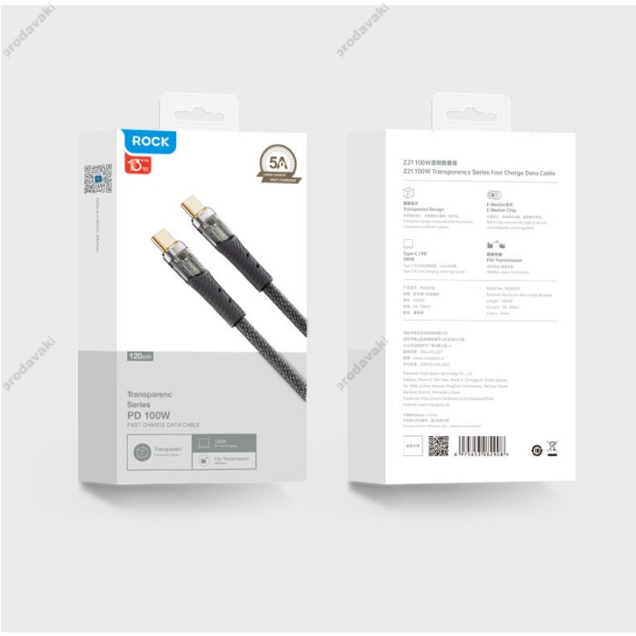 Кабель Rock Z21 Nylon Cable Type-C to Type-C 100W 5A 1.2m Black