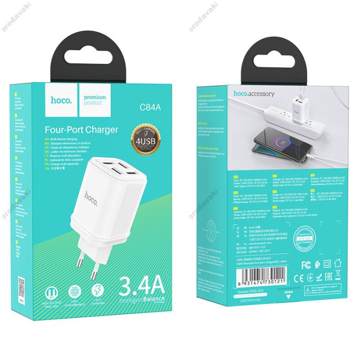 Мережевий зарядний пристрій HOCO C84A Resolute four-port charger 17W White