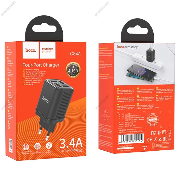 Мережевий зарядний пристрій HOCO C84A Resolute four-port charger 17W Black