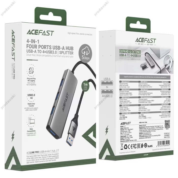 USB-Хаб ACEFAST J17 Multifunction Adapter 4в1 USB to 4xUSB 3.0 Grey