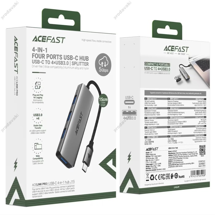 USB-Хаб ACEFAST J15 Multifunction Adapter 4в1 Type-C to 4xUSB 3.0 Grey