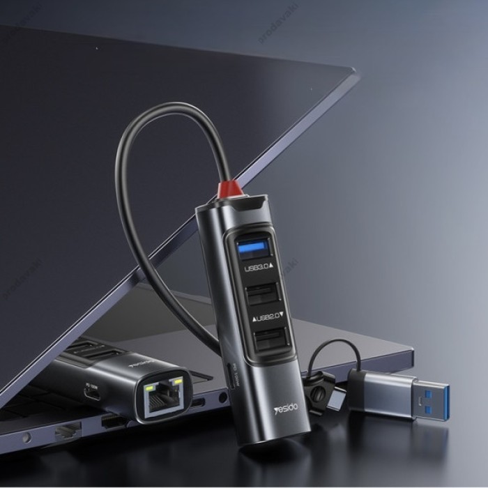 USB-хаб Yesido HB21 Multifunction Adapter 5в1 Type-C/USB to 1xUSB 3.0+2xUSB 2.0+USB-C+RJ45+PD Grey