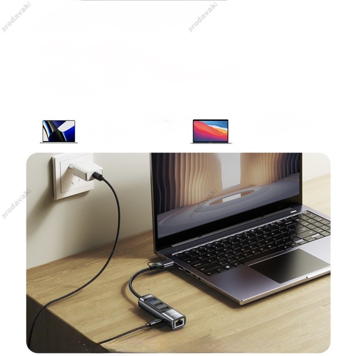 USB-хаб Yesido HB21 Multifunction Adapter 5в1 Type-C/USB to 1xUSB 3.0+2xUSB 2.0+USB-C+RJ45+PD Grey