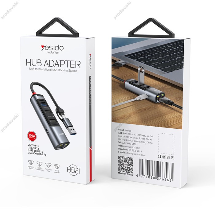 USB-хаб Yesido HB21 Multifunction Adapter 5в1 Type-C/USB to 1xUSB 3.0+2xUSB 2.0+USB-C+RJ45+PD Grey