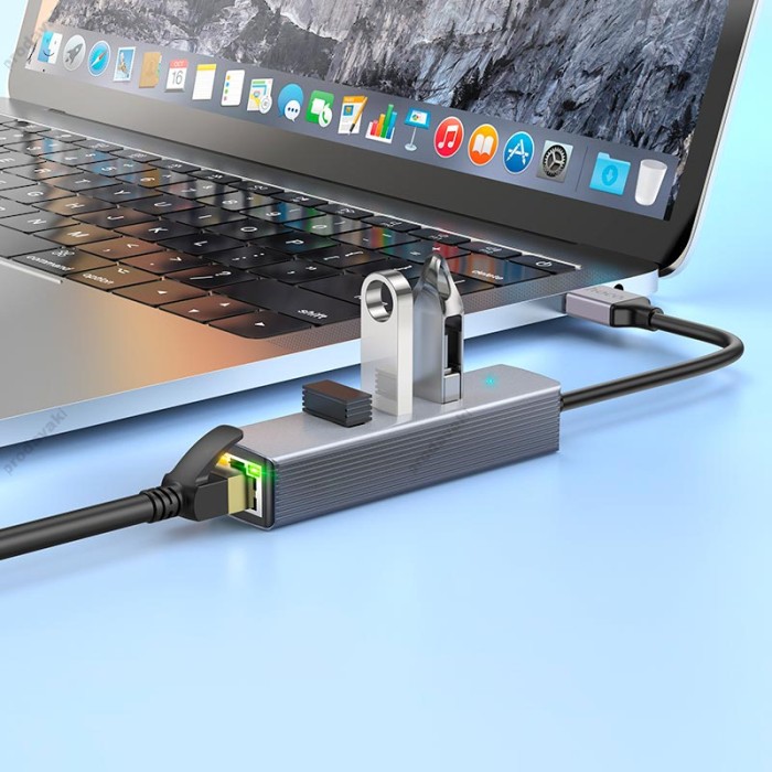 USB-Хаб Hoco HB34 Easy link USB Gigabit Ethernet adapter 4в1 USB to 3xUSB 3.0+RJ45 Metal Grey