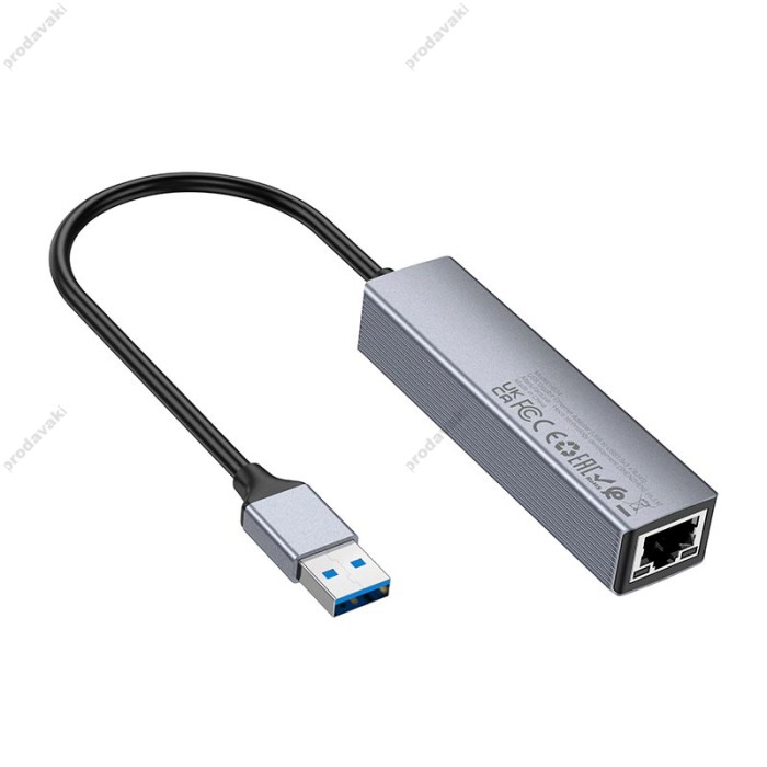 USB-Хаб Hoco HB34 Easy link USB Gigabit Ethernet adapter 4в1 USB to 3xUSB 3.0+RJ45 Metal Grey