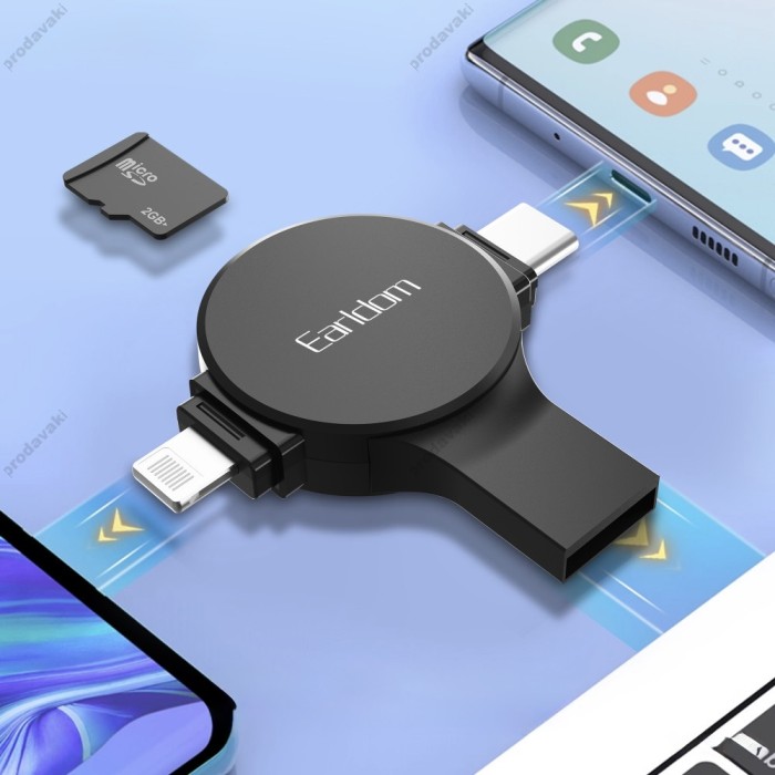 Кардрідер Earldom ET-CR01 2в1 SD/TF USB/Type-C/Lightning card reader Black