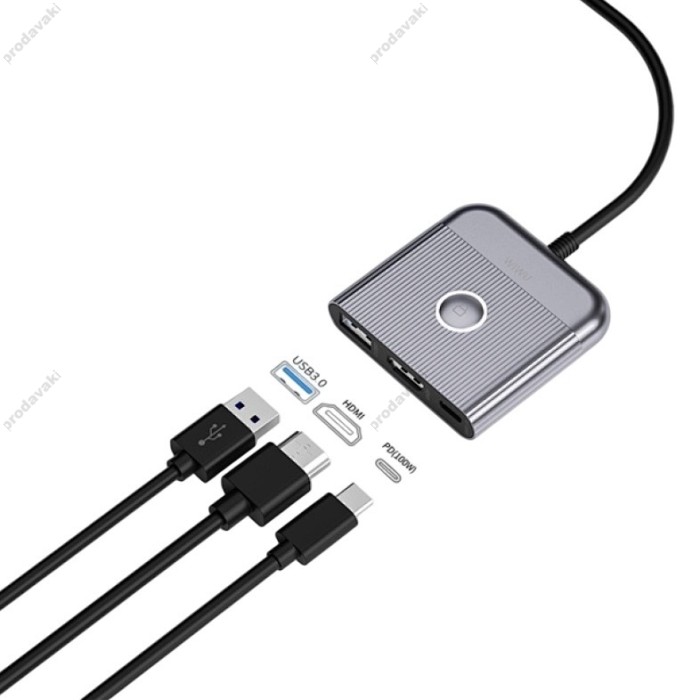 USB-Хаб Wiwu Wi-HB002 Traveling 3в1 Type-C to HDMI+USB 3.0+PD Grey