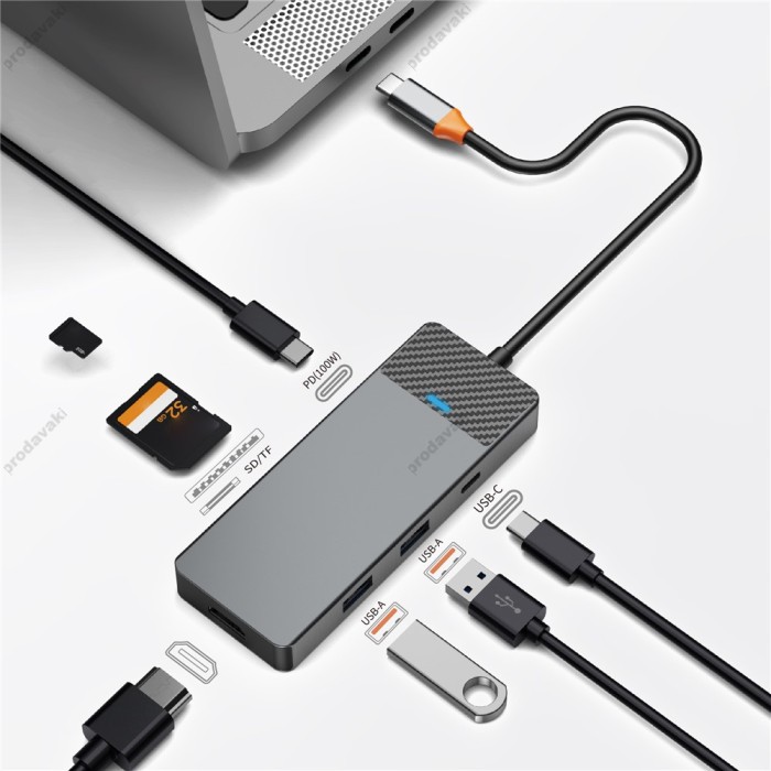 USB-Хаб Wiwu Linker A721HD Type-C 7в1 Type-C to HDMI+2xUSB 3.1+Type-C 3.1+SD+TF+PD Grey