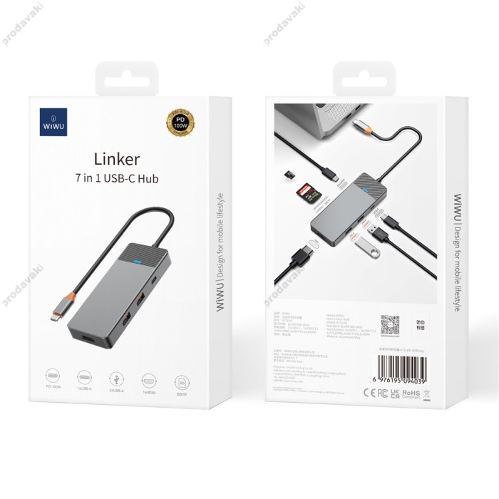 USB-Хаб Wiwu Linker A721HD Type-C 7в1 Type-C to HDMI+2xUSB 3.1+Type-C 3.1+SD+TF+PD Grey