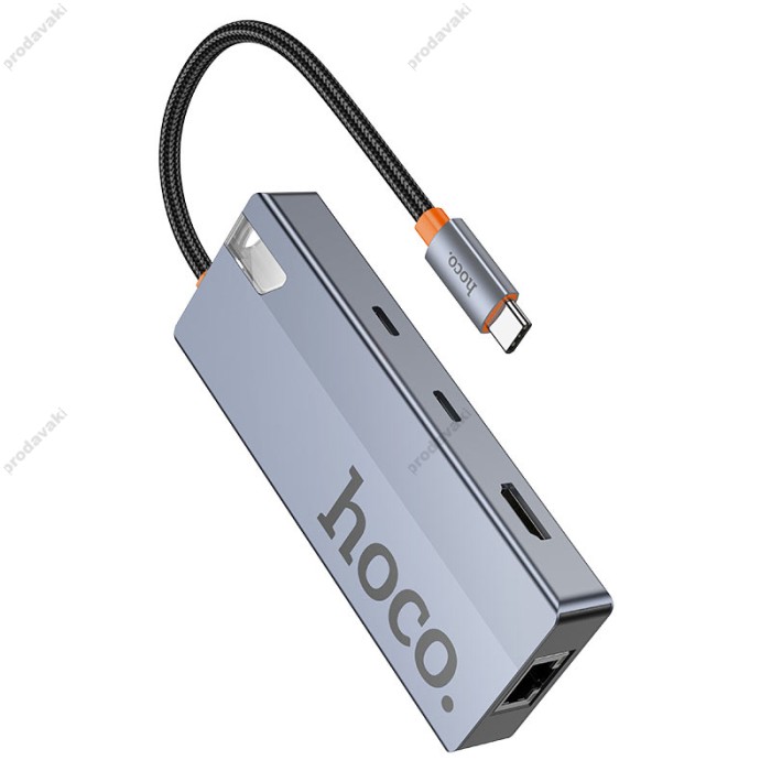 USB-Хаб HOCO HB52 Wow multi-function converter 6в1 Type-C to HDMI+RJ45+SD+TF+PD+Type-C 3.0+2xUSB 3.0 Grey
