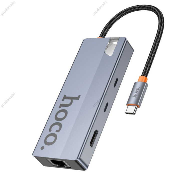 USB-Хаб HOCO HB52 Wow multi-function converter 6в1 Type-C to HDMI+RJ45+SD+TF+PD+Type-C 3.0+2xUSB 3.0 Grey