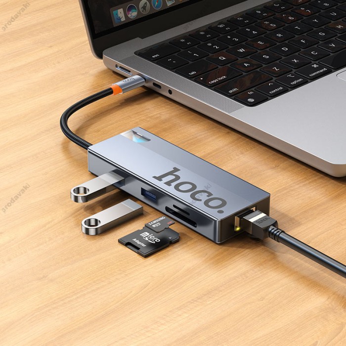 USB-Хаб HOCO HB52 Wow multi-function converter 6в1 Type-C to HDMI+RJ45+SD+TF+PD+Type-C 3.0+2xUSB 3.0 Grey