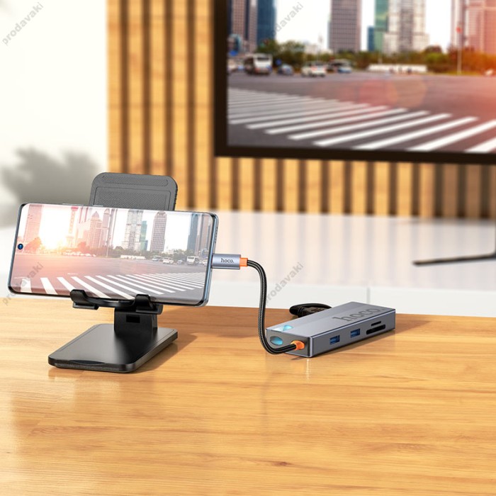 USB-Хаб HOCO HB52 Wow multi-function converter 6в1 Type-C to HDMI+RJ45+SD+TF+PD+Type-C 3.0+2xUSB 3.0 Grey
