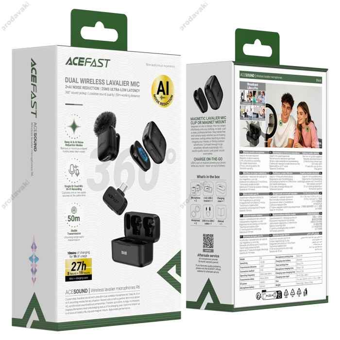 Бездротовий мікрофон ACEFAST R6 wireless lavalier microphone Type-C 2 мікрофона Black