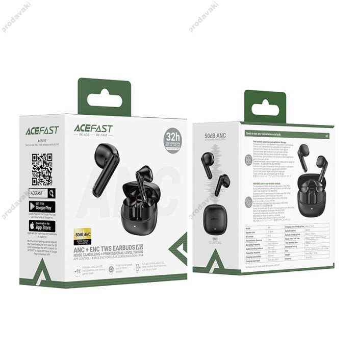 Бездротові Bluetooth навушники ACEFAST W9 semi-in-ear ANC TWS wireless earbuds IPX4 BT 6.0 Black
