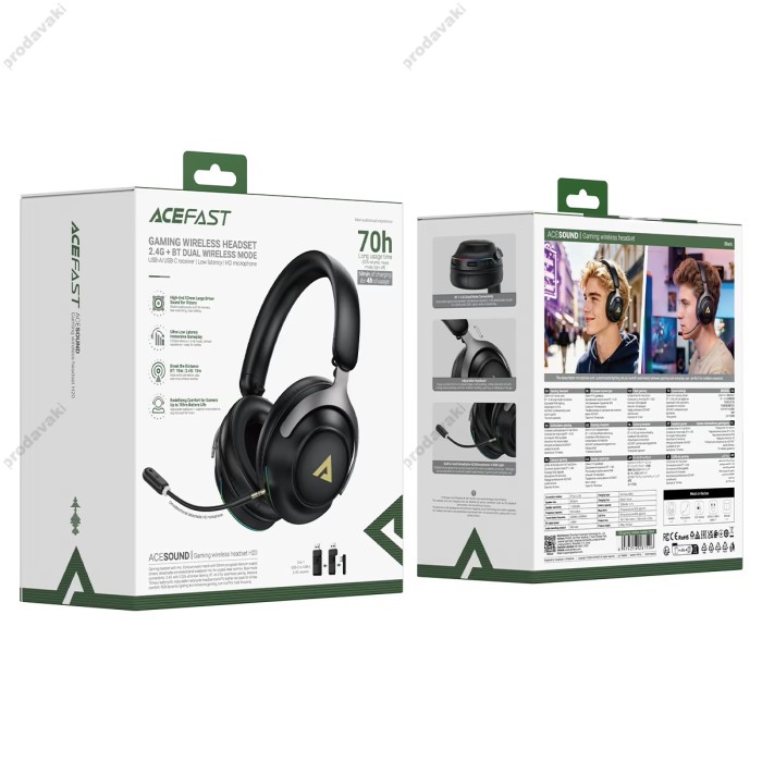 Бездротові Bluetooth навушники ACEFAST H20 gaming wireless headset BT 6.0/2.4G RGB Black