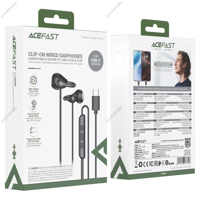 Дротові навушники ACEFAST L16 clip-on wired earphones with mic Type-C 1.2m Black