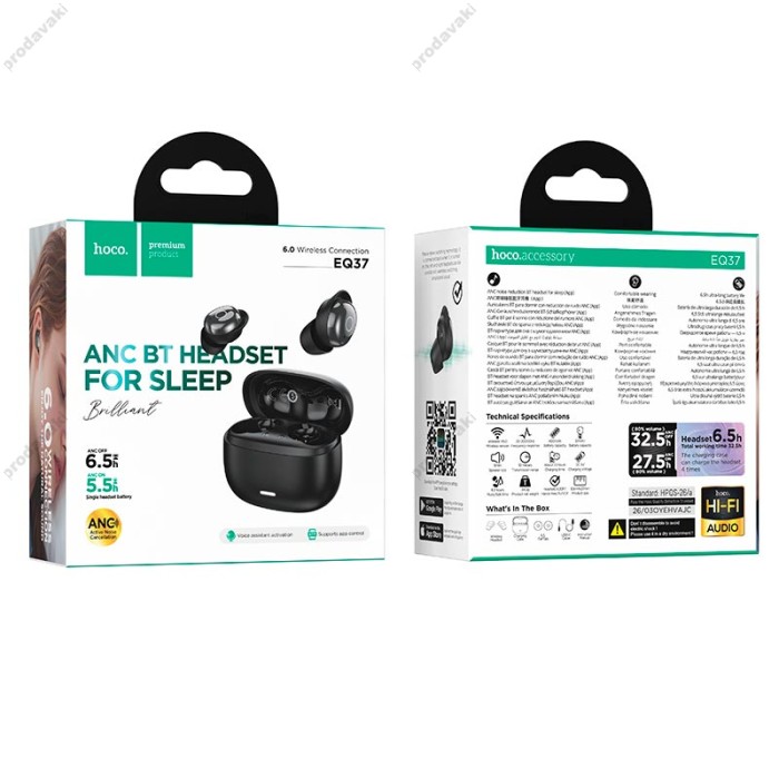Бездротові Bluetooth навушники Hoco EQ37 Brilliant true wireless ANC BT headset for sleep BT 6.0 Black