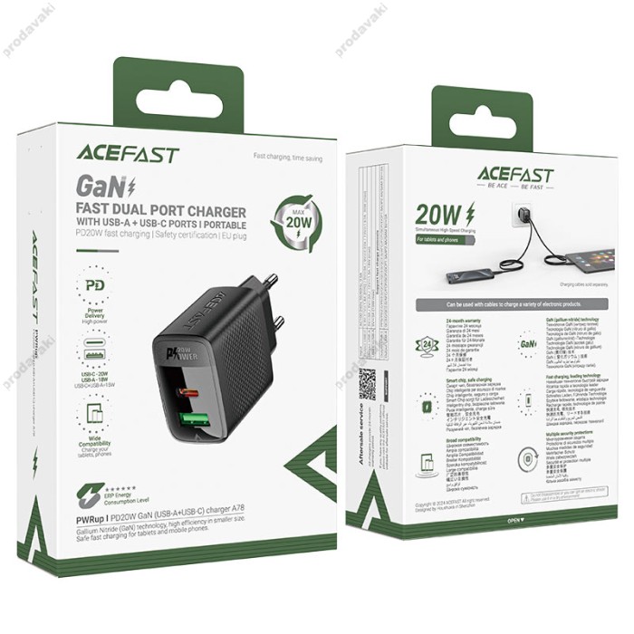 Мережевий зарядний пристрій ACEFAST A78 GaN Fast Charge Wall Charge 20W Black