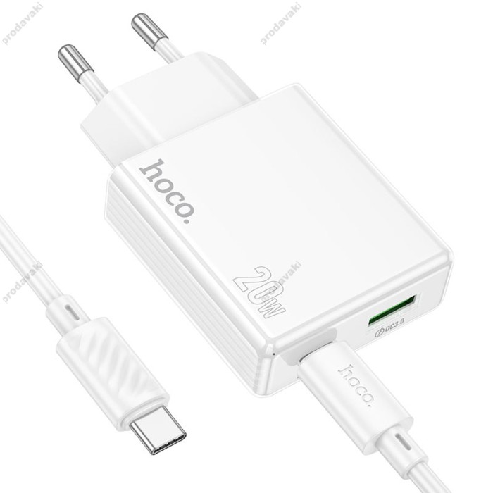 Мережевий зарядний пристрій Hoco C142A Direct charger Type-C cable 20W White