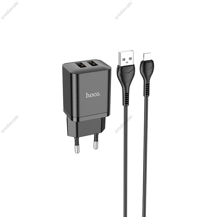 Мережевий зарядний пристрій Hoco N25 Maker dual port charger Lightning cable 10.5W Black