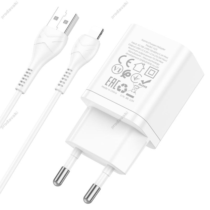 Мережевий зарядний пристрій Hoco N25 Maker dual port charger Lightning cable 10.5W White
