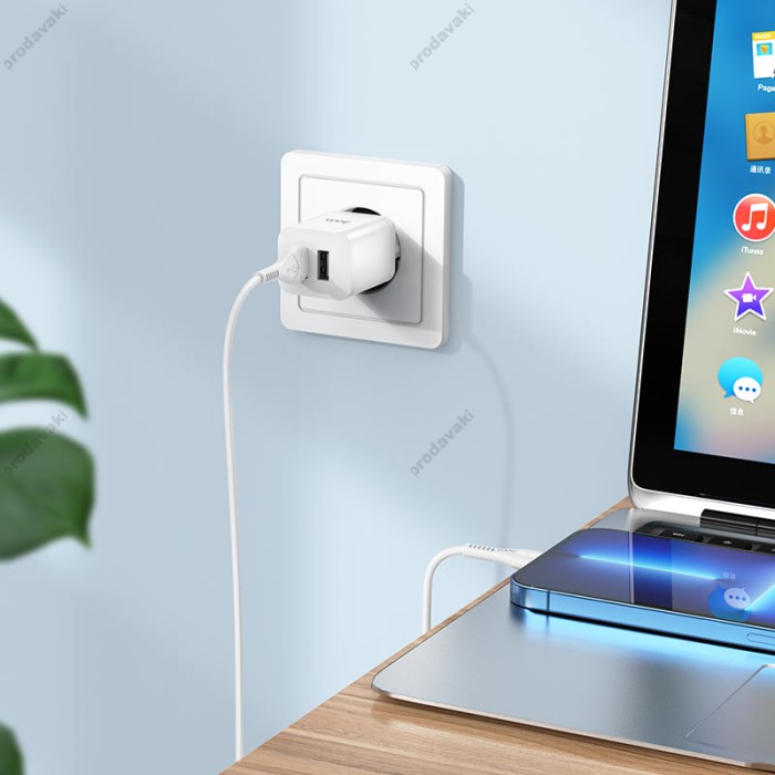 Мережевий зарядний пристрій Hoco N25 Maker dual port charger Lightning cable 10.5W White